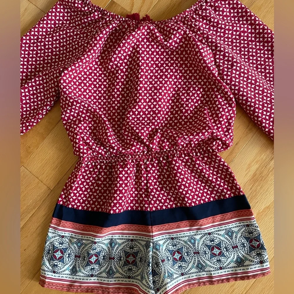 My Michelle Girls Red Geometric Print Off Shoulder Romper Tassel Tie Siz S Youth